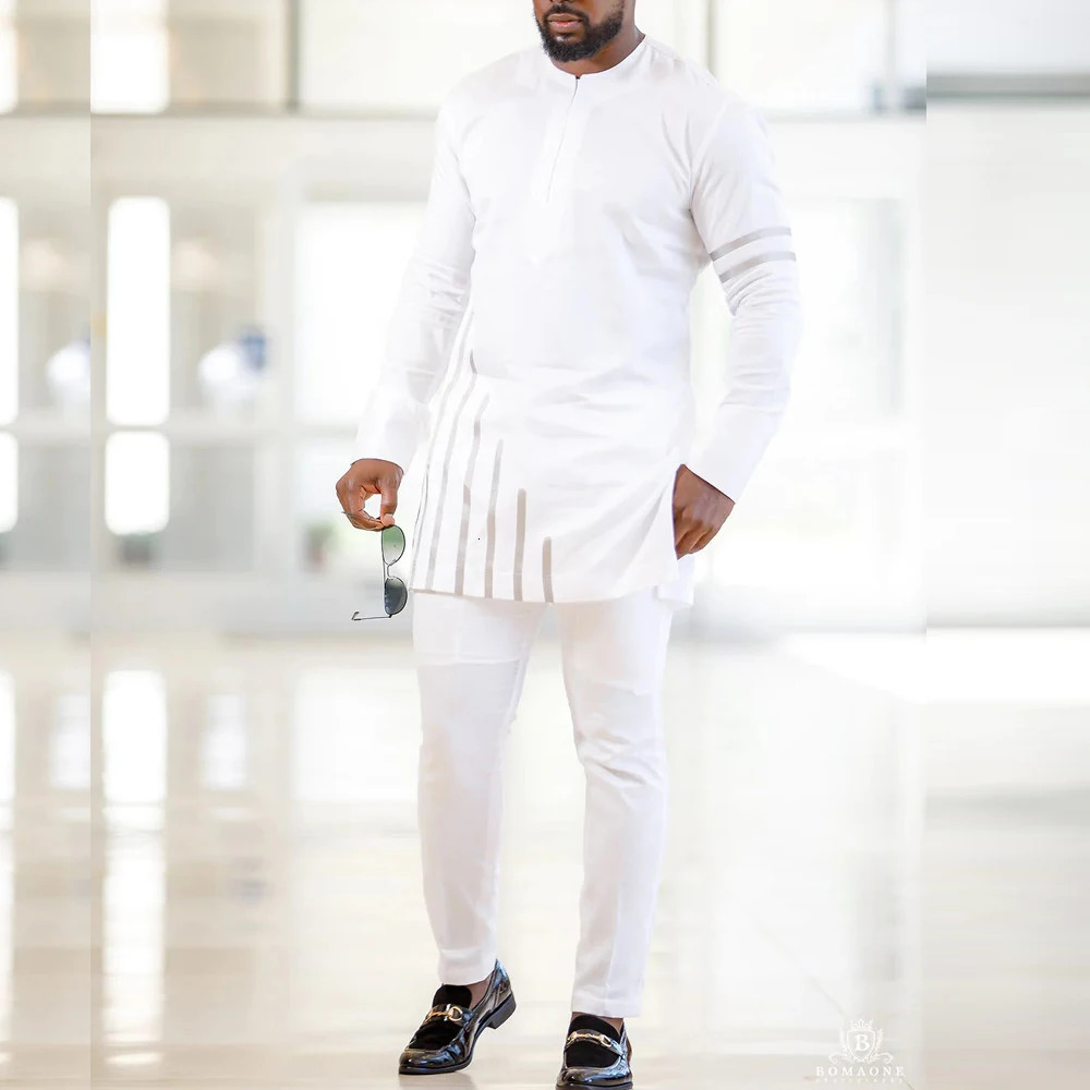 White Wedding Mens Kaunda Suit Long Sleeve Round Neck Top Pants African Ethnic Traditional Clothing 2-Piece Set Wear Outfits 250303