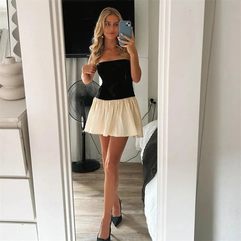 Slim Folds Dress For Women Bodycon Backless Splice Dresses Female Summer Sexy Off Shoulder Elegant Mini Woman 2024 250304