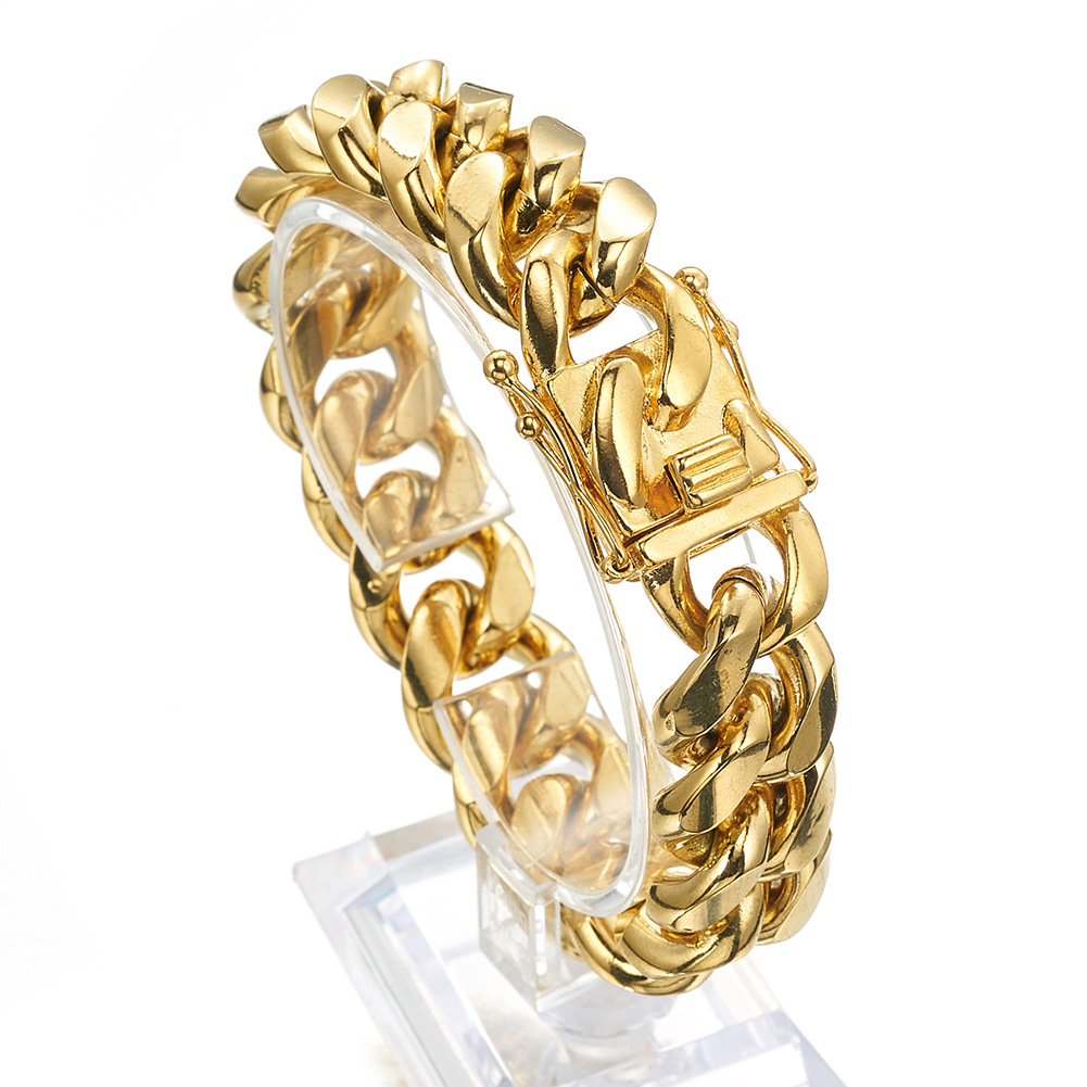 Hip Hop Solid Heavy Stainless Steel Cuban Chain Bracelet 18k Gold Plated Men Sport Jewelry