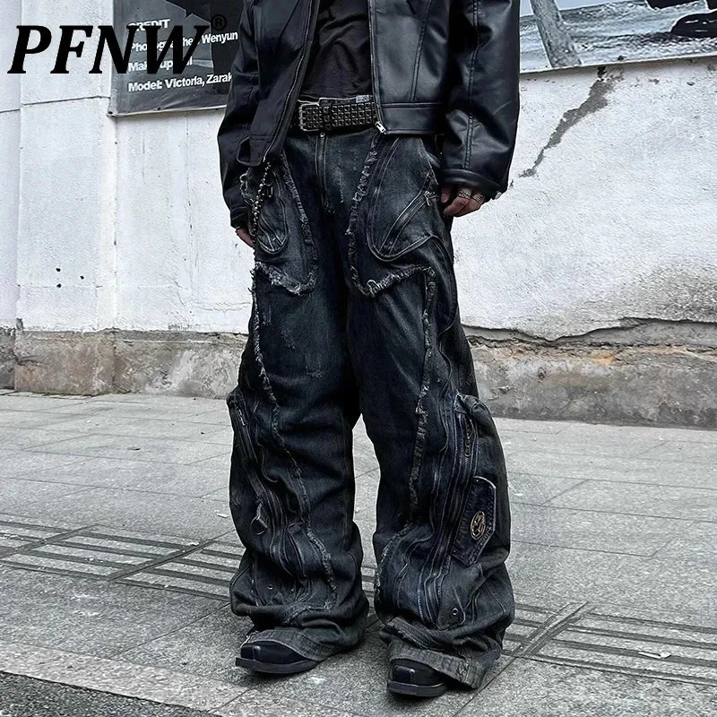 PFNW Niche Shaped Deconstructed Stained Straight Jeans Mens High-end Spring Casual Wide Leg Pants Denim Trousers 12C1592 250304