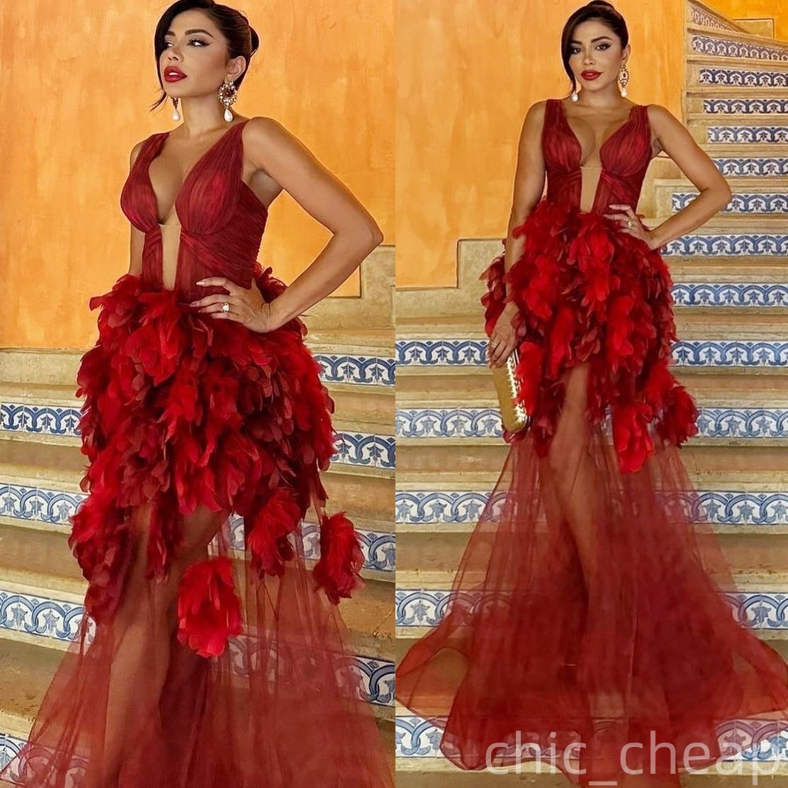2025 Dark Red A-line Prom Dresses Deep V-neck Feather See Through Evening Formal Party Second Birthday Engagement Gowns Plus Size Dress For Special Oc