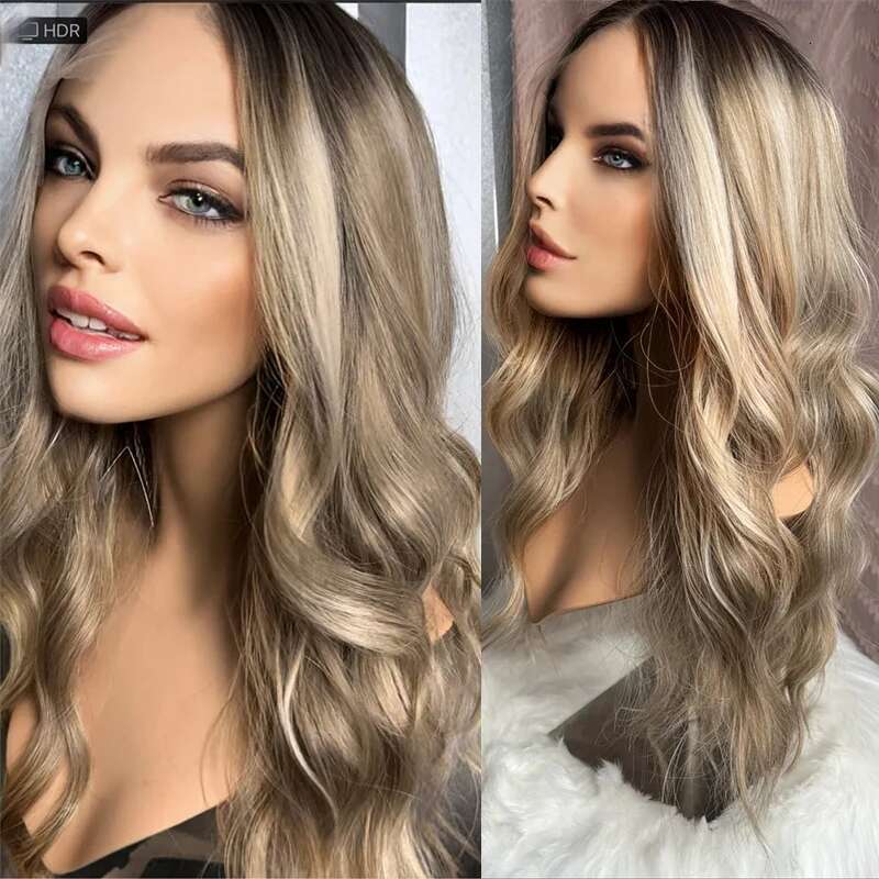 Ombre Ash Blonde Highlight 13X4 Synthetic Hair Front Wigs For Women Dark Roots 26Inch Long Body Wave HD Lace Wig Wear To Go