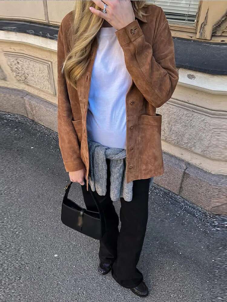 Casual Suede Long Sleeve Jackets Women Autumn Loose Brown Lapel Coat Top With Pockets Female Elegant Chic Street New In Outwear