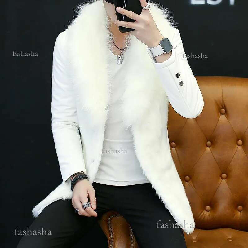 Mens Fur Faux Fashion Mens Leather Warm Long Coat Collar Outwear Black White Wint