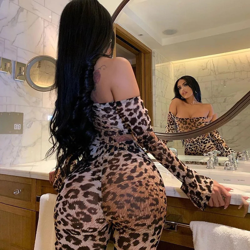 Sexy Matching Set Women Summer Clubwear Leopard Print Off Shoulder Long Sleeve Bodysuits Leggings Stretchy 2 Piece Outfits F0107 250304