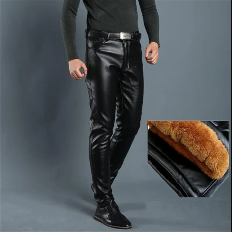 Leather pants mens long legs black solid synthetic leather jeans casual tight Korean fashion slim fit motorcycle 250304