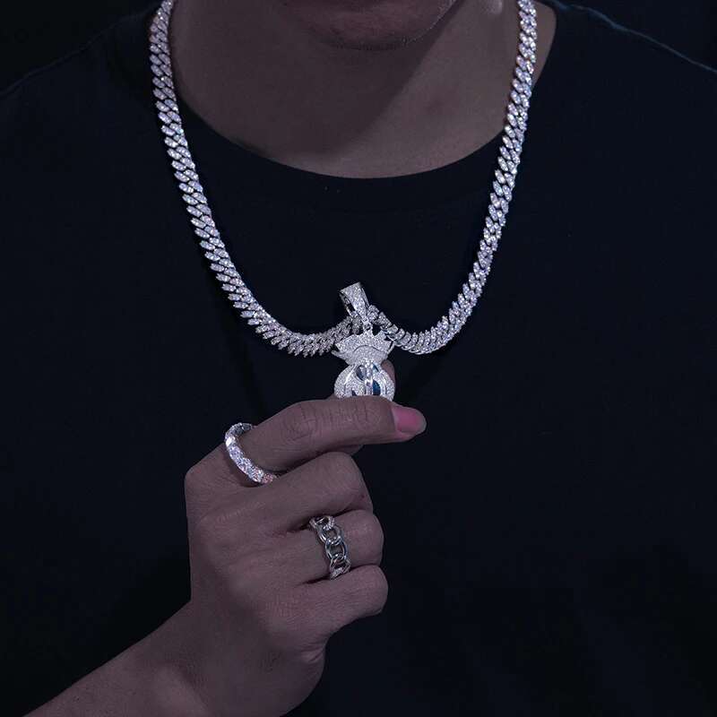 New D Color VVS Moissanite Lucky Money Bag Pendant Necklace Sterg Sier Women Men's Hip Hop Rock Rich Jewelry