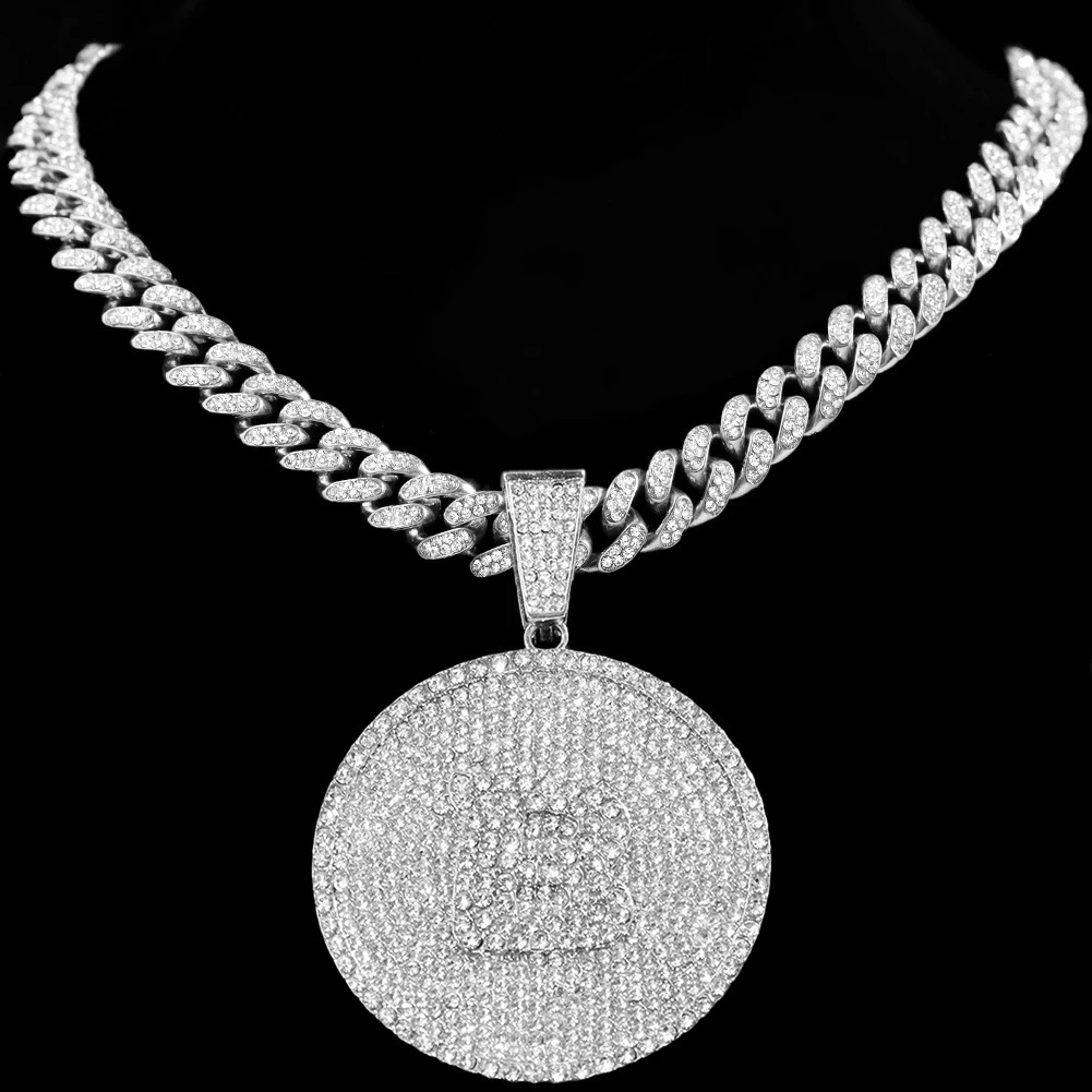 Bling A-Z Letters Pendant Necklace for Men Women Crystal Miami Cuban Link Chain Round Initials Necklace Fashion Jewelry 250305