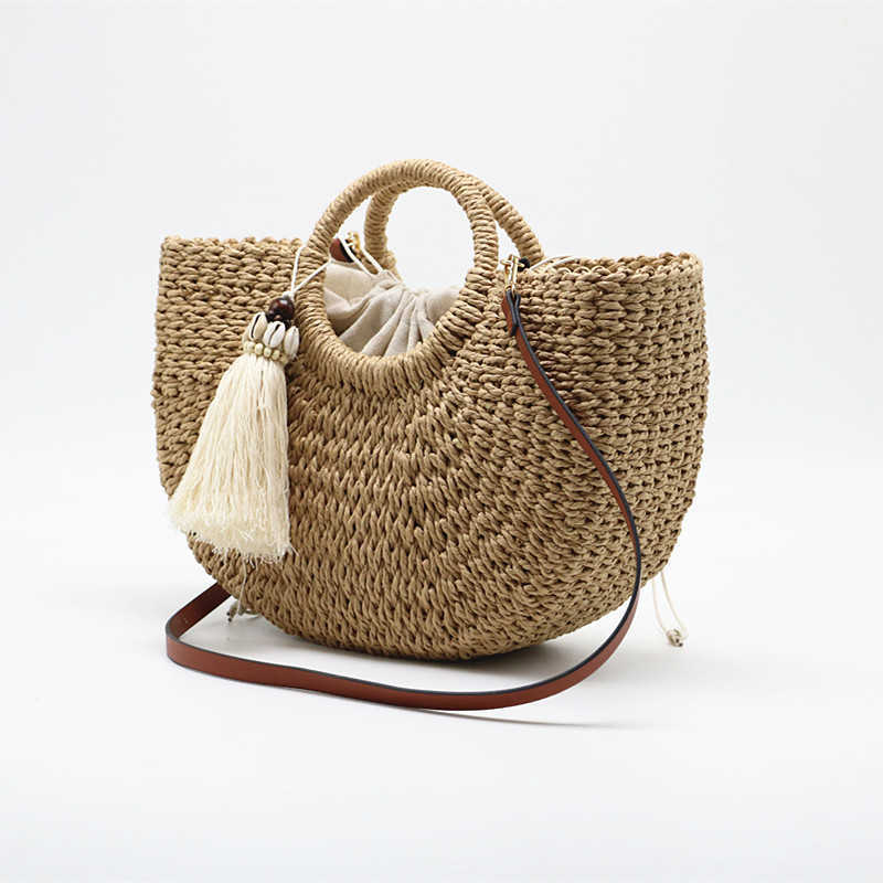 Craft's New Round Bucket Hand-held Moon Bag, Tassel Woven Bag, Beach Bag 250315