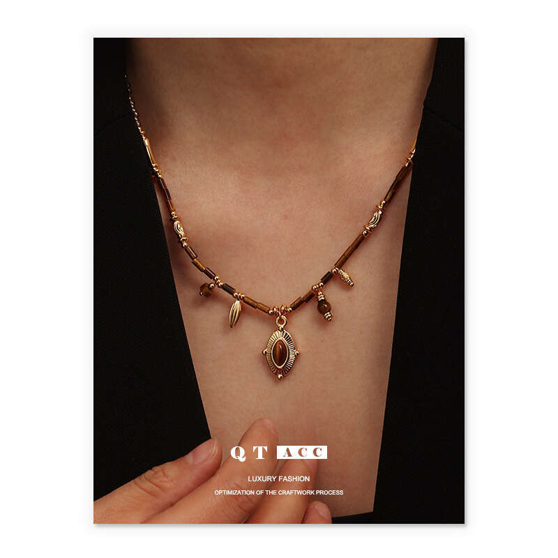 Cross border fashion, light , high-end feel, brass, gold-plated resin, rice bead necklace, Maillard classic, versatile
