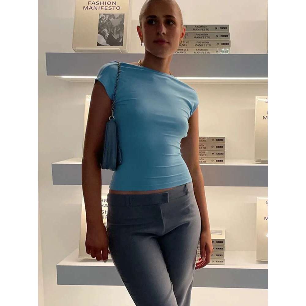 Short Backless Sleeve Blue Y2k Crop Top Women Casual O Neck 2022 Summer T Shirts Sexy Vintage Cut Out KLMY