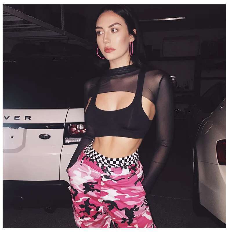 Crop Women Mesh Sleeve T-Shirt Sexy Hollow Out Transparent Tops Ladies T Shirt Black Top Casual T-Shirt Tee Shirts KLMY