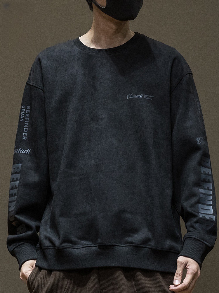 M8126 Suede sweatshirt American style long sleeve men's tops men's round neck print trendy