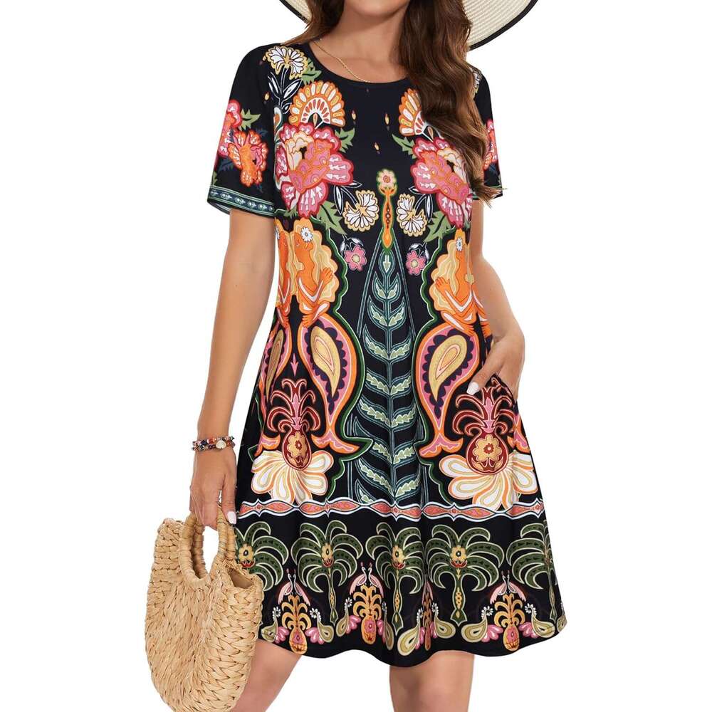 Women's summer dress casual T-shirt short sleeved floral vest skirt beach cover with pockets
