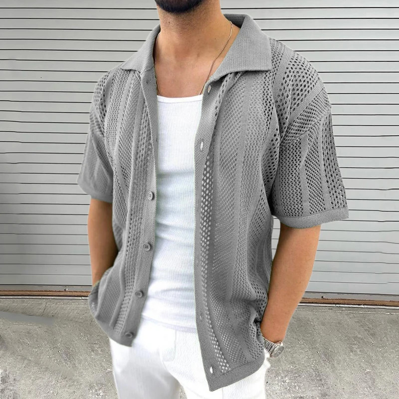 Vintage Knitted Hollow Out Shirts Men Fashion Button Lapel Short Sleeve Knit Shirt Summer Mens Knitwear Casual Solid Color Tops 250304