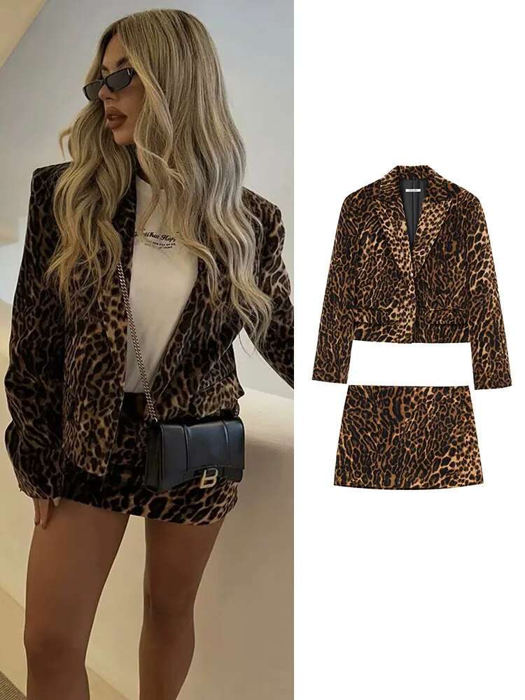TRAF 2024 Autumn Women Leopard Print Veet Blazer Suit Fashion Notched Pockets Cropped Jackets Side Zipper Mini Skirt