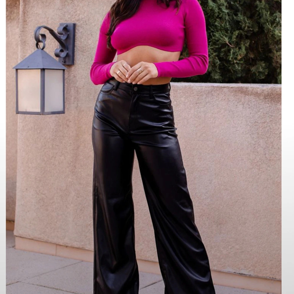 2024 Autumn And Winter Fashionable High Waisted PU Wide Leg Straight Casual Retro Leather Pants For Women 250304