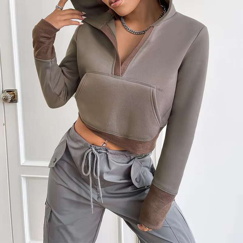 Custom Streetwear Plain Cropped Two Tone Pocket Crop Hoodie For Women's Sweatshirt
