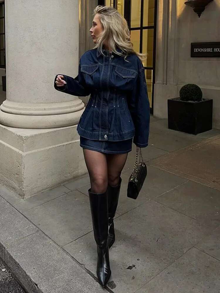 Waist Cinched Denim Top Coat Lapel Commuter Workwear Pocket Mid Length Slimming Jacket 2025 Spring Fashion Street Women Overcoat