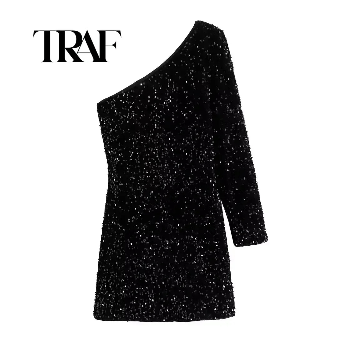TRAF one shoulder long dress for women sparkling sequins backless sexy evening party vest ultrathin pleated edge summer 250304