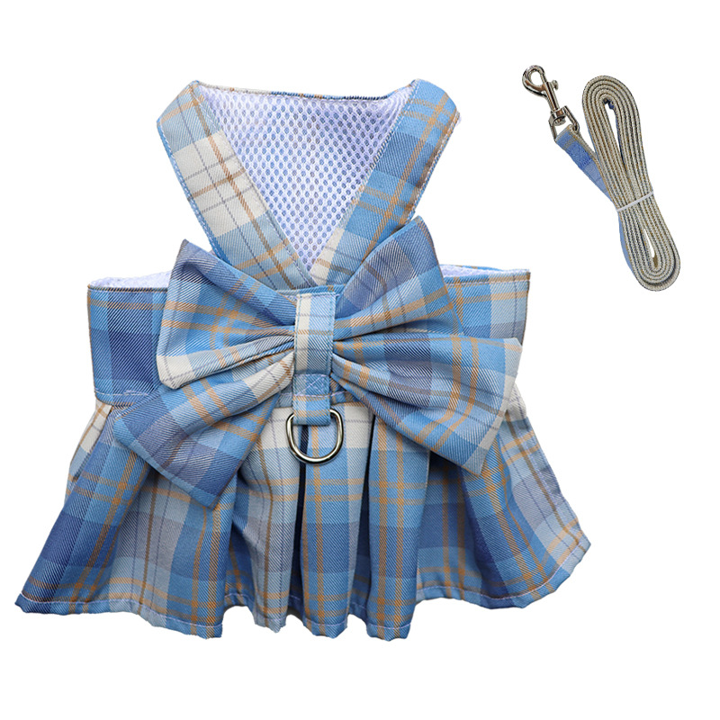 Plaid Dog Dress Bow Tie Harness Leash Set, Dog Harness Dress for Small Cute Dogs Cats Girl, Puppy Yorkie Chihuahua Spring Summer Clothes for Pet Outfi