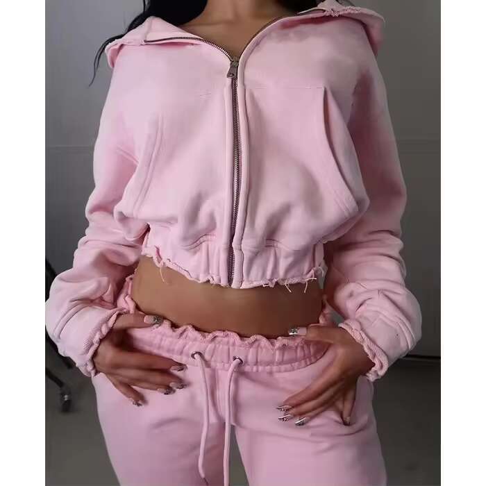 OEM Zipper-Up Woman Good High Quality Distressed Embroidery Zip Up Hoodies And Jogger Set Women Tracksuit For Sale