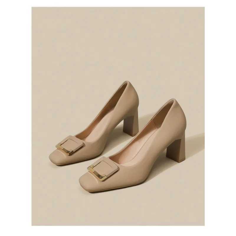 Spring new square thick h wens shallow mouth buckle single shoes professional shoes high h Y250304