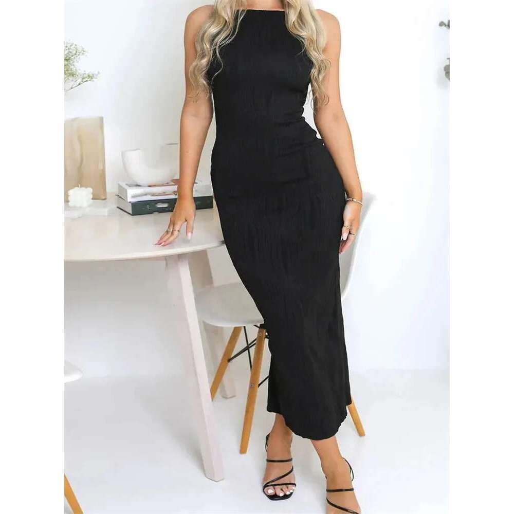 Women Sexy Long Ruched Sleeveless Slim Solid Summer Party Back Split Dress Clubwear Female Vestido Outfits KLMY
