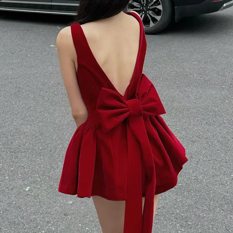 Tuularose Red Bow Dress Womens Sexy Backless Slim Tank Top A Line Sleeveless Spaghetti Straps y Party Evening 250305