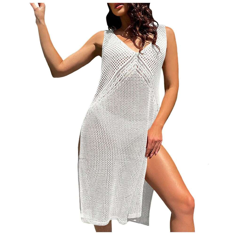 Crochet Women Swimsuit Sleeveless Hollow Out Long Swim Split Mesh Beach Dress Cover Up For Womens Bathing Suit Km-Ly