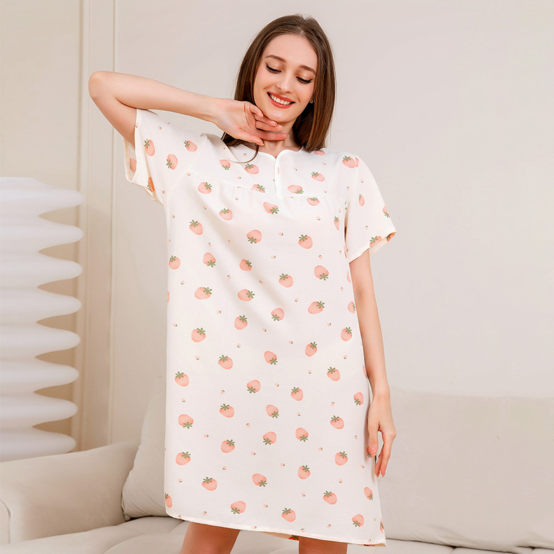Chic Ladies' Short-Sleeved Cotton Poplin Midi Dress Featuring Adorable Strawberry Pattern for Relaxed Days at Home