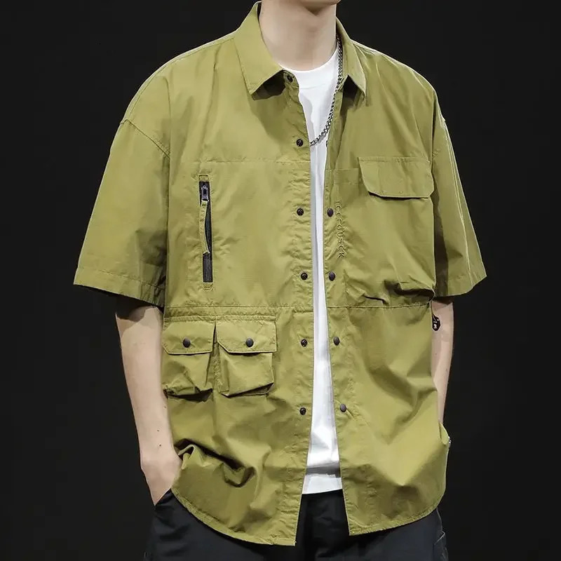 Mens Shirts Plain Short Sleeve with Pocket Shirt Clothing Summer Japanese Vintage Aesthetic Casual Fashion 2024 I 250227