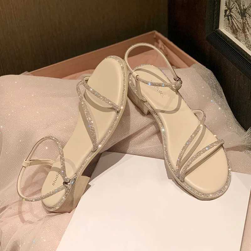 Sandals for Women Summer 2023 New Chunky Heel Fairy Wind Line with Bright Diamond Fairy Fi Roman Shoe TideXJ2500305