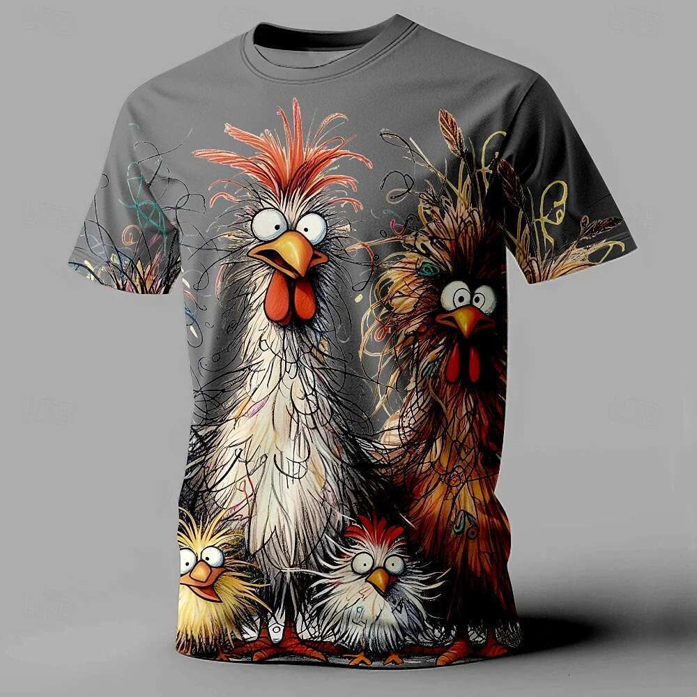 T-shirt short sleeves round neck for men, humorous and casual, printed animal chicken, street fashion, oversized clothing, summer