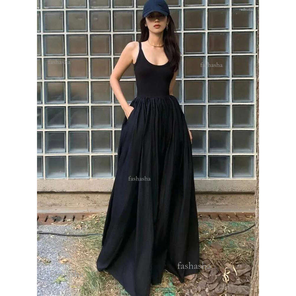 Casual Dresses Women Summer Elegent Sleeveless Big Swing Long Black Dress Female Fashion One Piece Vestidos Korean C