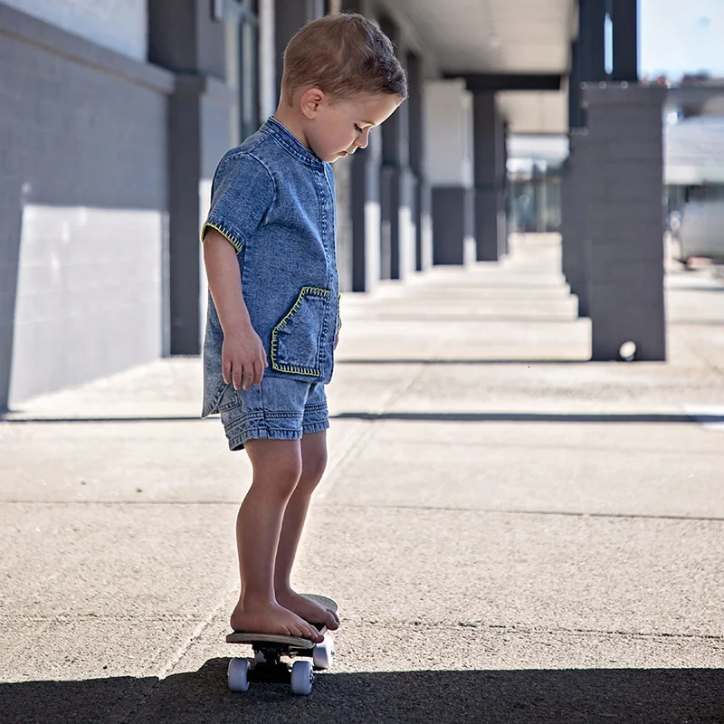 Summer denim collection girls dress set cute baby rompers boys casual shirt girls skirt family clothing set contrast pockets 250326