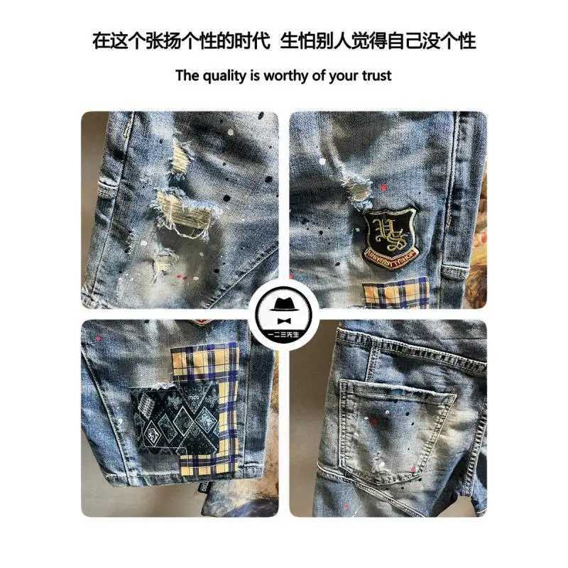 High Quality Luxury Clothing Streetwear Korean Cowboy Fashion Embroidery Patch Knee Length Shorts Mens Summer Casual JeansT250305