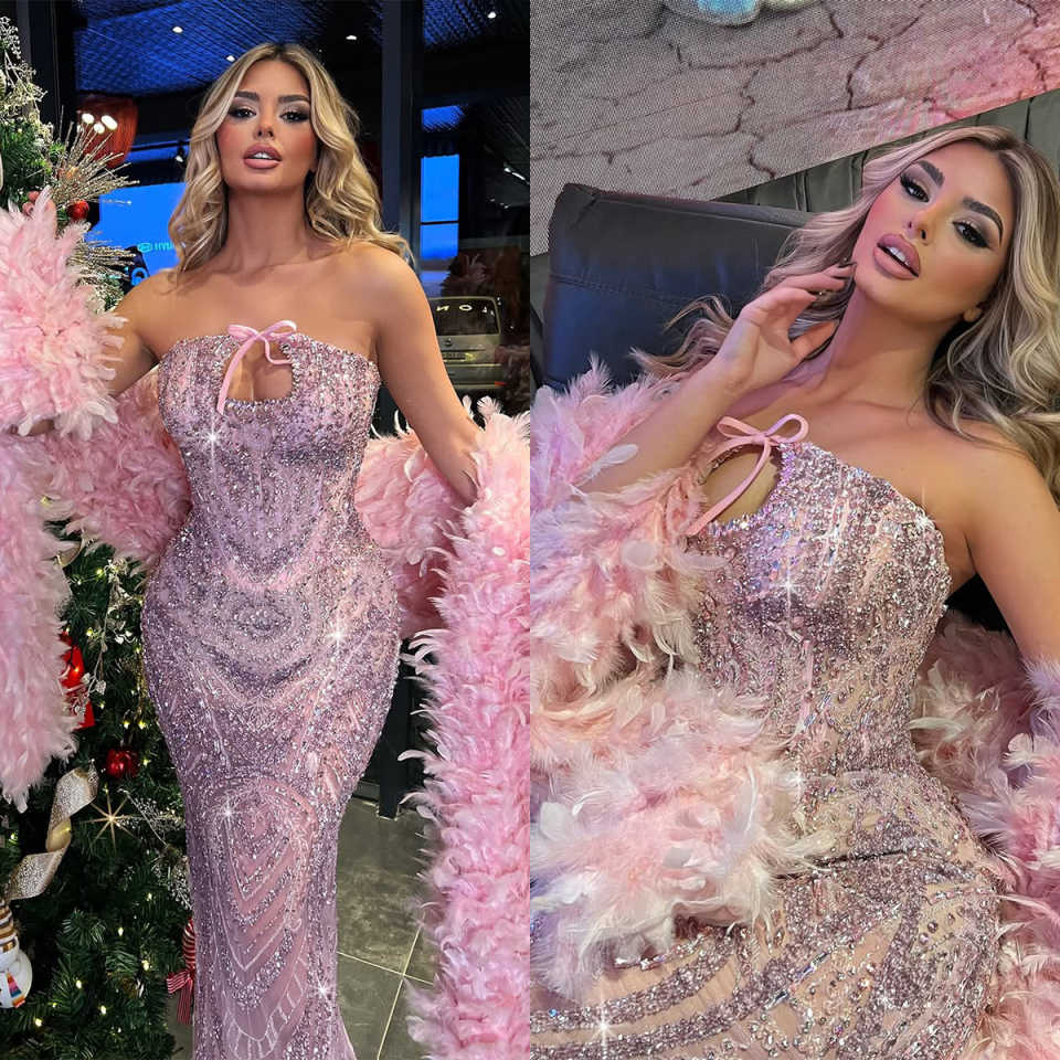 Gorgeous Mermaid Evening Dresses For Women Strapless Sleeveless Feather Gown Sequins Lace Sweep Train Party Customized Dress