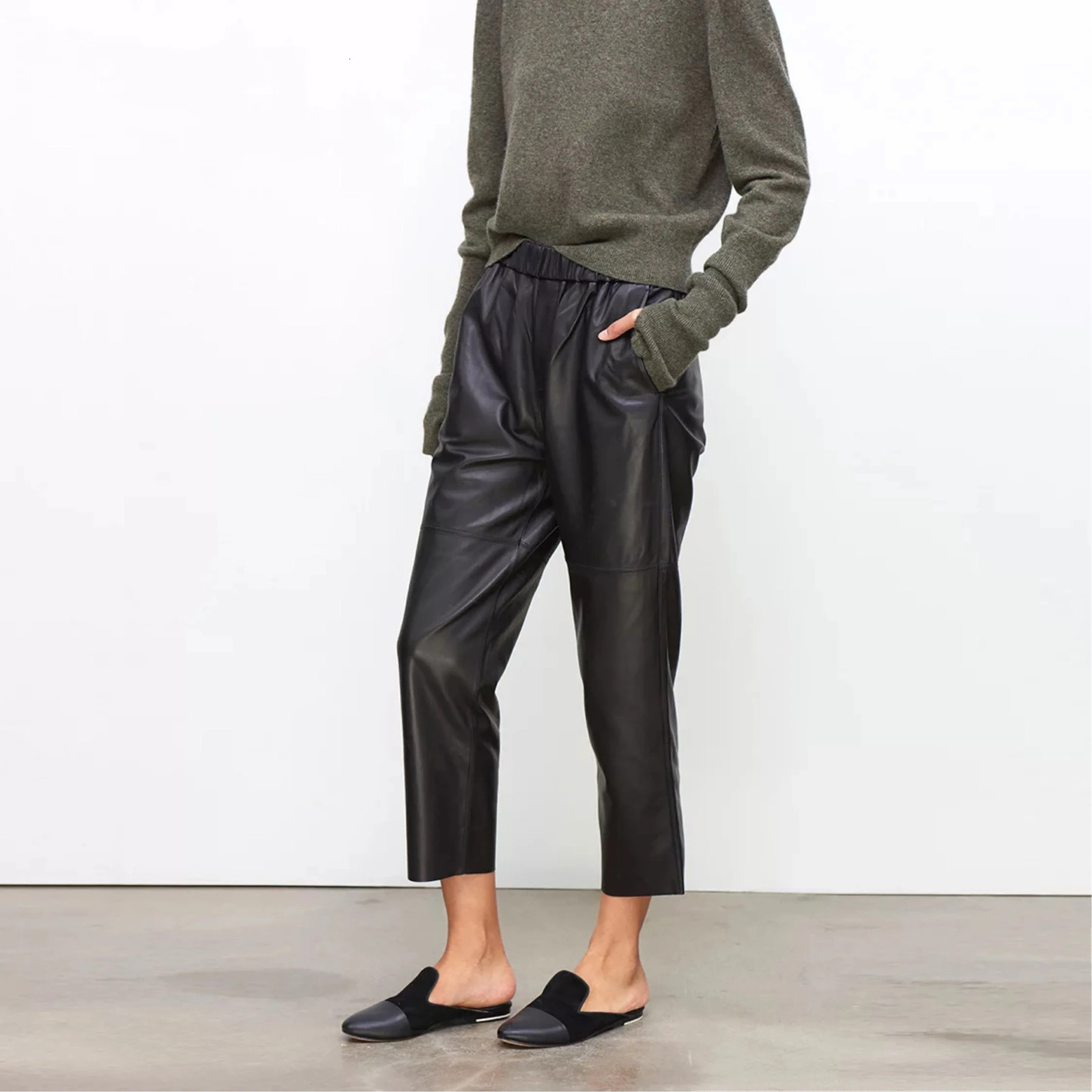 Genuine Leather Harem Pants Real Sheepskin Trousers High Waist Women 2024 Elastic Streetwear 250304