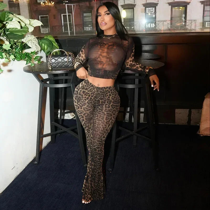 XIZOU Leopard Print 2 Piece Set Women Hipster Sexy Full Sleeve Tops and Pants Matching Coquette Midnight Party Club Outfits 250304