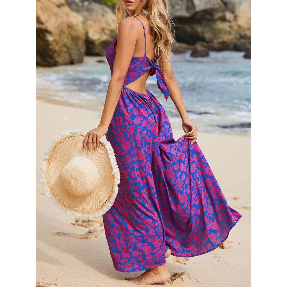 Women's extra long with floral print and twisted V-neck sleeveless dress for summer casual wear