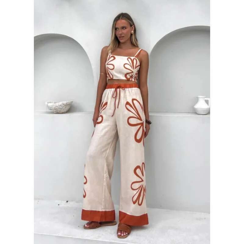 2025 New Summer Casual Women's Fashion Sexy Wer Strap Top Wide Leg Pants Set European And American