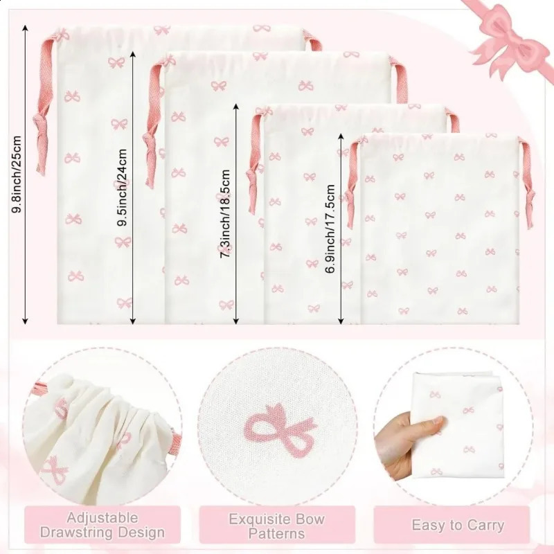 Ship from US Bow drawstring makeup bag cute pink kawaii portable cotton storage foldable wallet dust tote 250305FBB