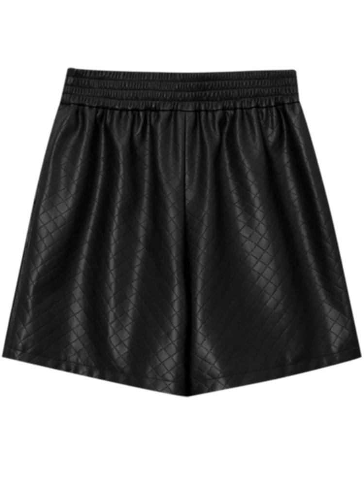 LautaroWomens Black Soft Faux Leather Wide Leg Shorts High Elastic Waist Diamond Plaid Bottoms Loose Casual Spring 250304