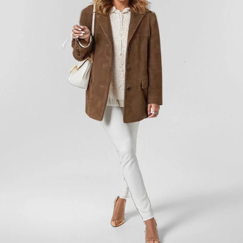 Casual Brown Lapel Pocket Suede Leather Jacket Fashion Woman Single Button Long Sleeve Crop Coat Lady Autumn Street Outwear 250304