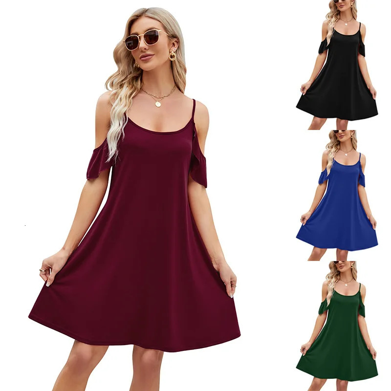 YJKDYK Womens Summer Sundresses Female Casual Camisole Vest Off Shoulder Ruffle Sleeves Dress Beach 250304