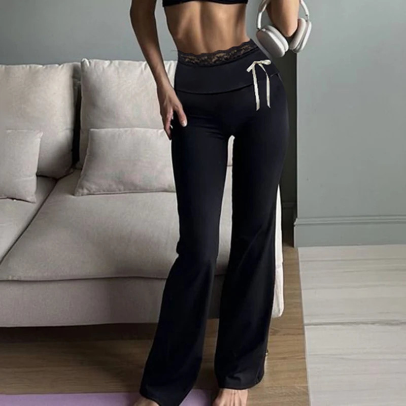 HEYounGIRL Lace Patchwork Bow Detail Low Waisted Flare Pants Fashion Y2K Slim Fit Boot Cut Trousers Black Aesthetic Streetwear 250304