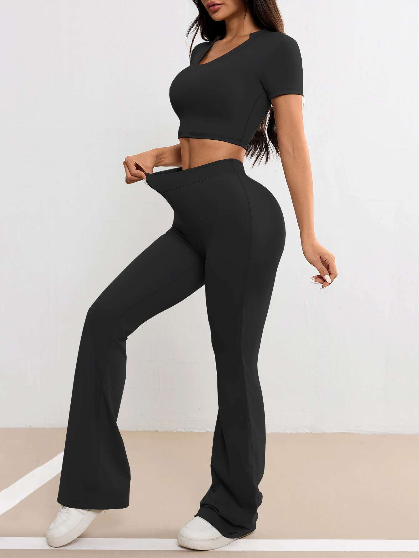 2 PCS Sets For Women Gym Wear Workout Breathable T Shirts Fiess Flare Pant Jogging Leggings Activewear Yoga Suit