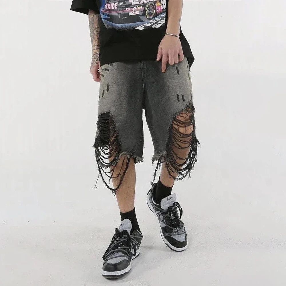 High Street Loose Washed Old Ripped Shorts American Retro Shorts Summer Street Y2K Hip Hop Tassel Wide Leg Casual Denim Shorts 250304