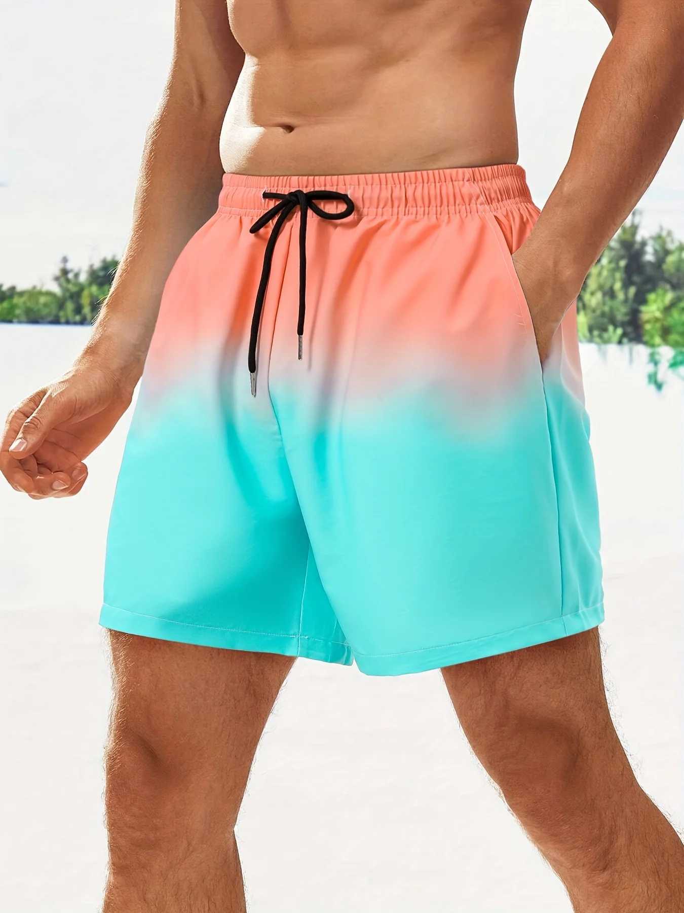 Mens Plus Size Gradient Color Shorts Beach Pants Holiday Shorts Elastic Drawstring Sports Gym Short Pants Summer Beach ShortsXJ250304